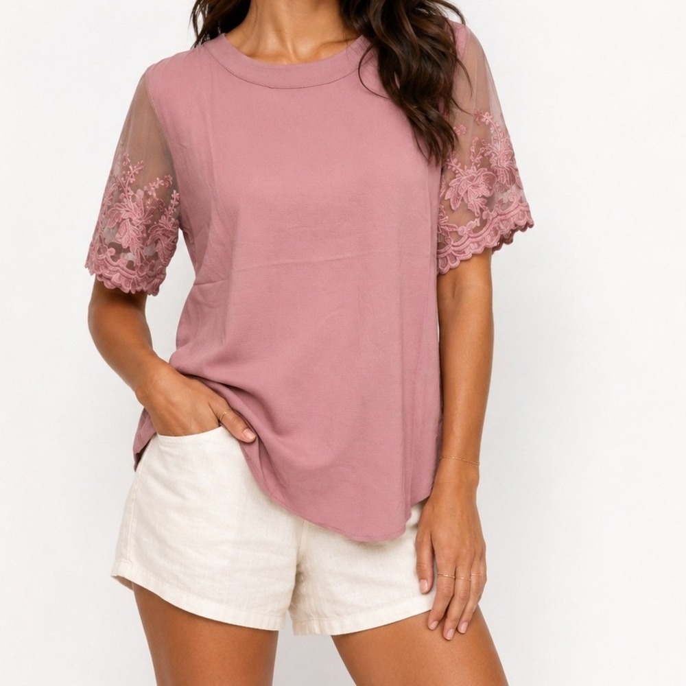 Lulus Pink Lace Sleeve Blouse Floral Mesh Short‎ Sleeve Top NWT M